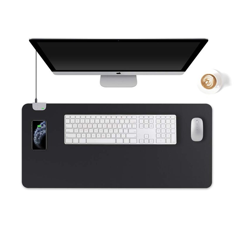 KINGFOM Multifunctional Office Desk Pad, Large Waterproof Pu Leather Mouse Pad, 2-in-1 Use Desk Writing Mat with Wireless Charging for Home/Office 35.4" x 16.7" (Black) - Image 1